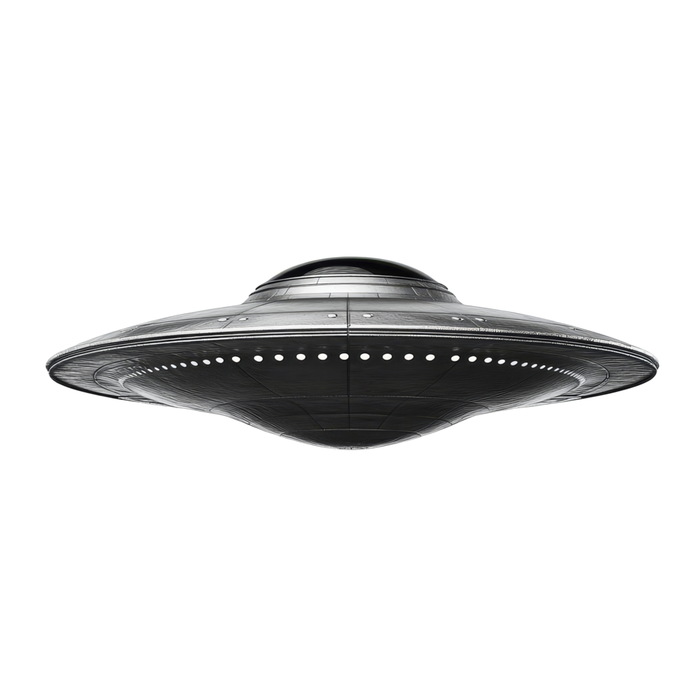A hovering UFO captured against a plain transparent background, showcasing its distinct disc shape and design, UFO on transparent background png