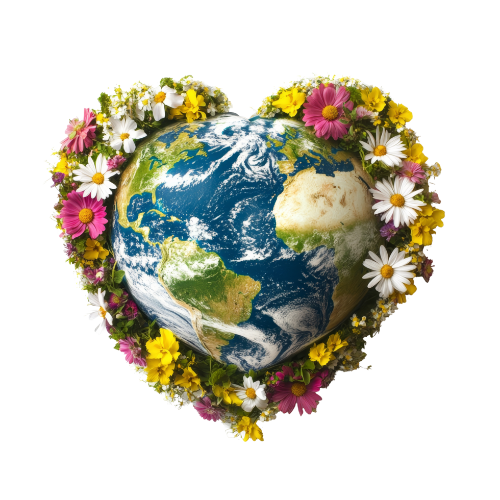 A globe shaped like a heart, embraced by colorful flowers symbolizing love for our planet, earth globe with heart shape surrounded by flower isolated on solid transparent background png