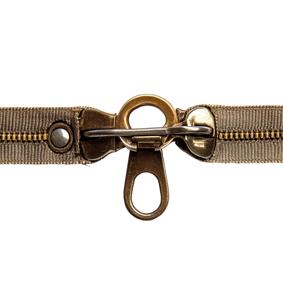 Detailed view of a zip fastener on a transparent background showcasing its metallic and fabric components, zip fastener on transparent backgroundfile png