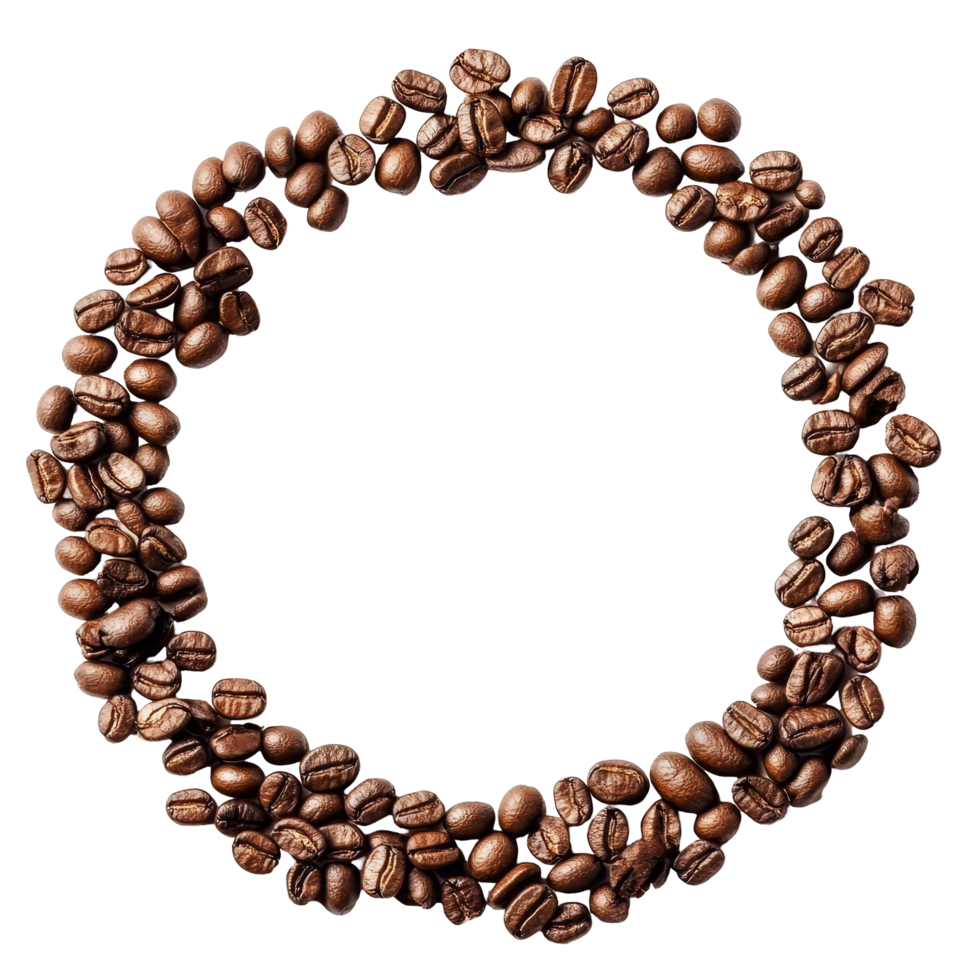 Coffee beans arranged in a circular pattern with ample copy space against a clean transparent backdrop for branding purposes, Coffee beans with round copyspace against transparent background png