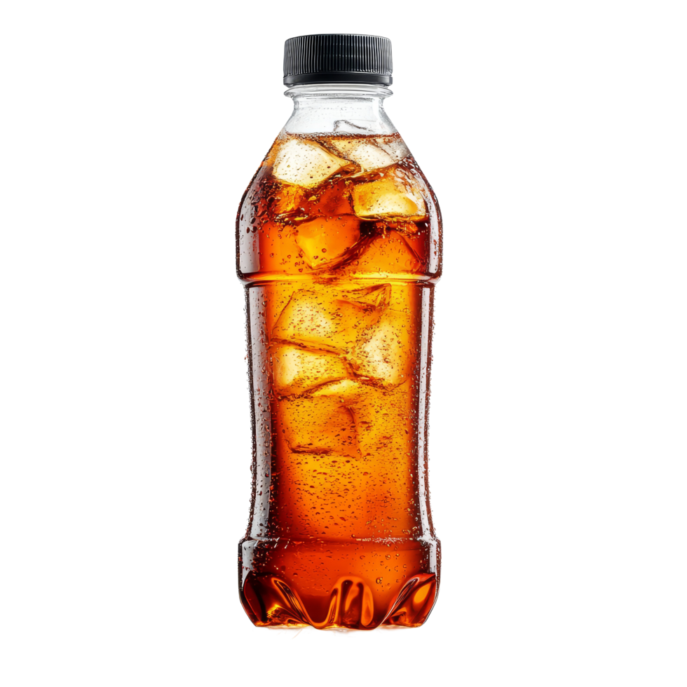A refreshing bottle of iced tea with ice cubes on a clean, transparent background, bottle of ice tea on transparent background png