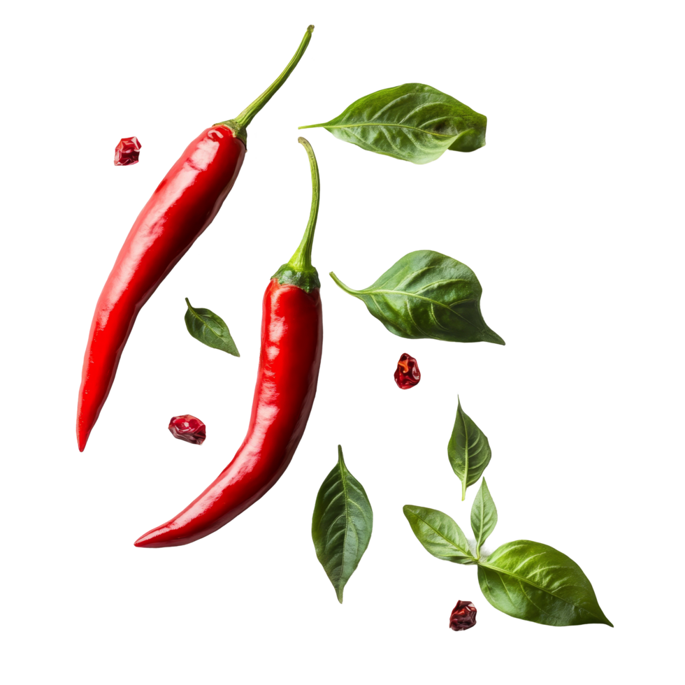 Vibrant red chili peppers and fresh green leaves arranged on a transparent background creating a striking culinary composition, chili with leaf on transparent background png