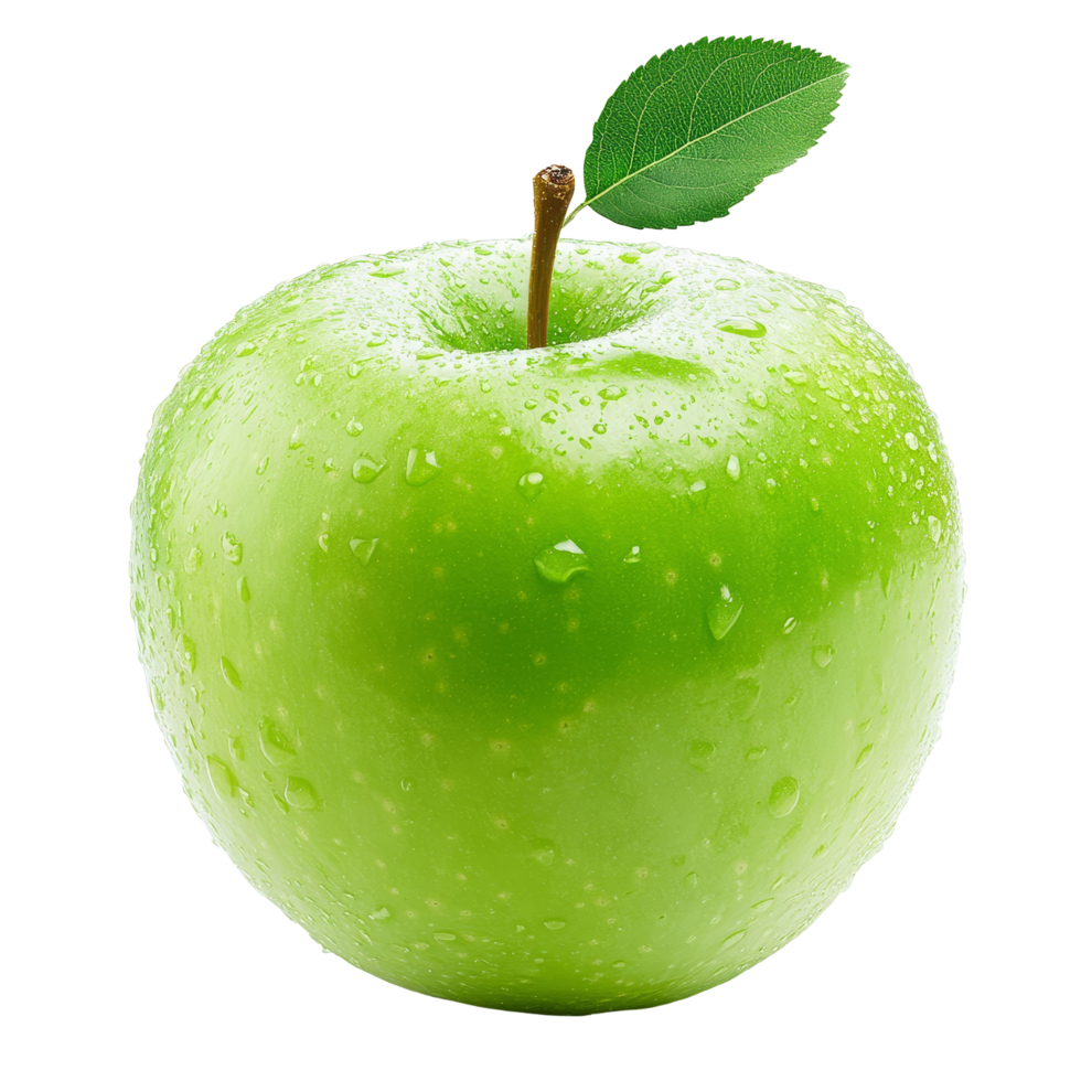 Fresh green apple with water droplets isolated on a transparent background, highlighting its vibrant color and texture, fresh green apple isolated on transparent background png