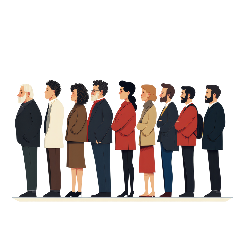 Diverse group of people standing together and waiting in a public setting during daylight hours, Diverse people standing and waiting png
