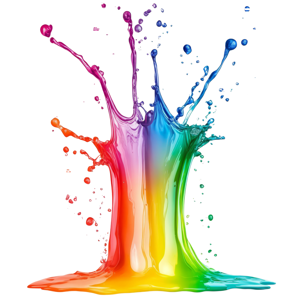 Vibrant rainbow liquid splashes dramatically against a transparent backdrop, showcasing vivid colors in a mesmerizing, colorful rainbow colored liquid splashing isolated on transparent background png