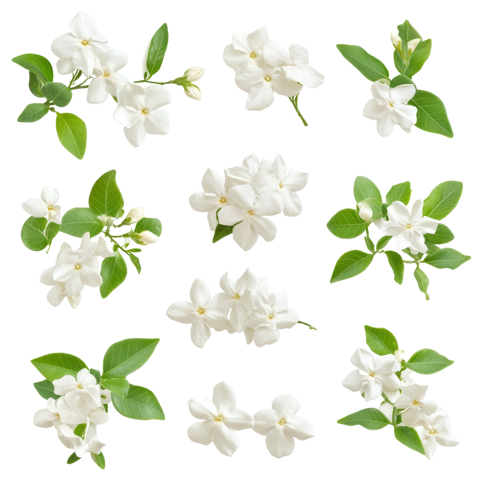 A delicate collection of jasmine flowers and leaves arranged aesthetically on a pure transparent background to showcase their natural beauty, jasmine flowers isolated on transparent background png