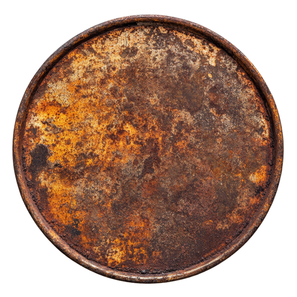 Rusty round metal plate isolated against a transparent background showcasing a weathered texture and aged appearance, rusty metal plate isolated on transparent background png