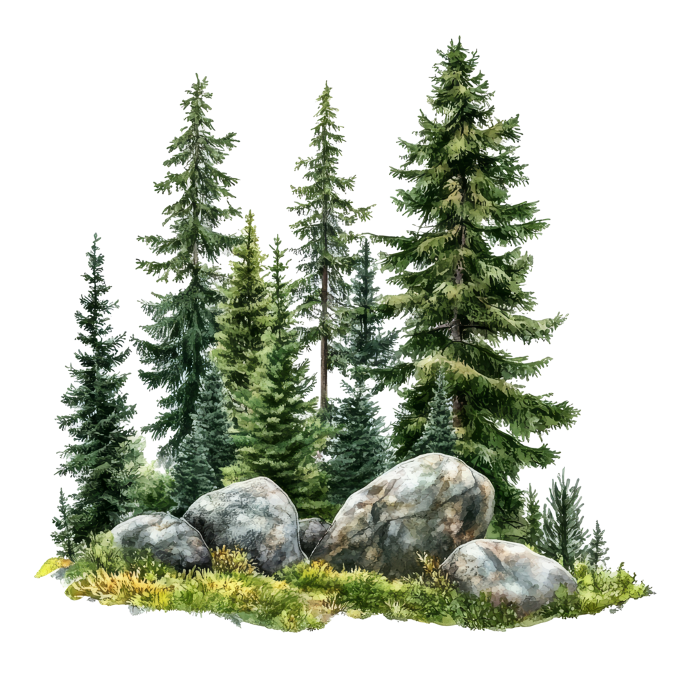 Spruce forest landscape featuring isolated rocks amid lush greenery on a bright day, spruce forest with rocks, file of isolated object on transparent background png