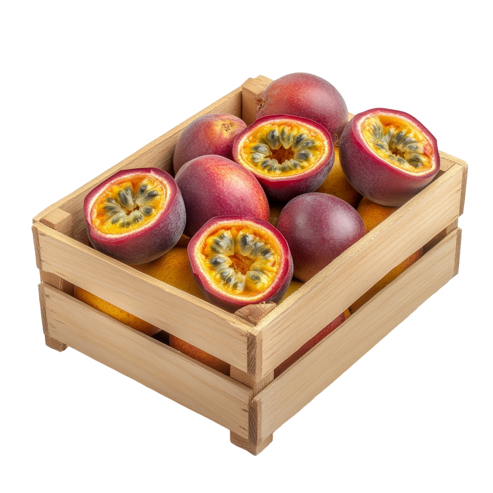 Fresh passion fruits displayed in a rustic wooden box on a clean transparent background, wooden box of passion fruitsisolated on transparent background png