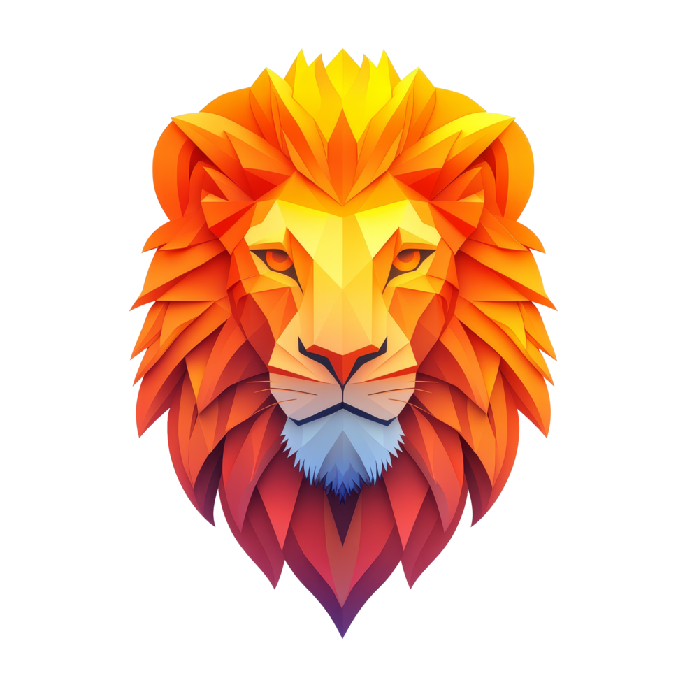 Colorful illustrated lion head logo on a transparent background displaying vibrant hues and geometric patterns, Colorful 3D Illustrated Lion Head Logo on transparent background png