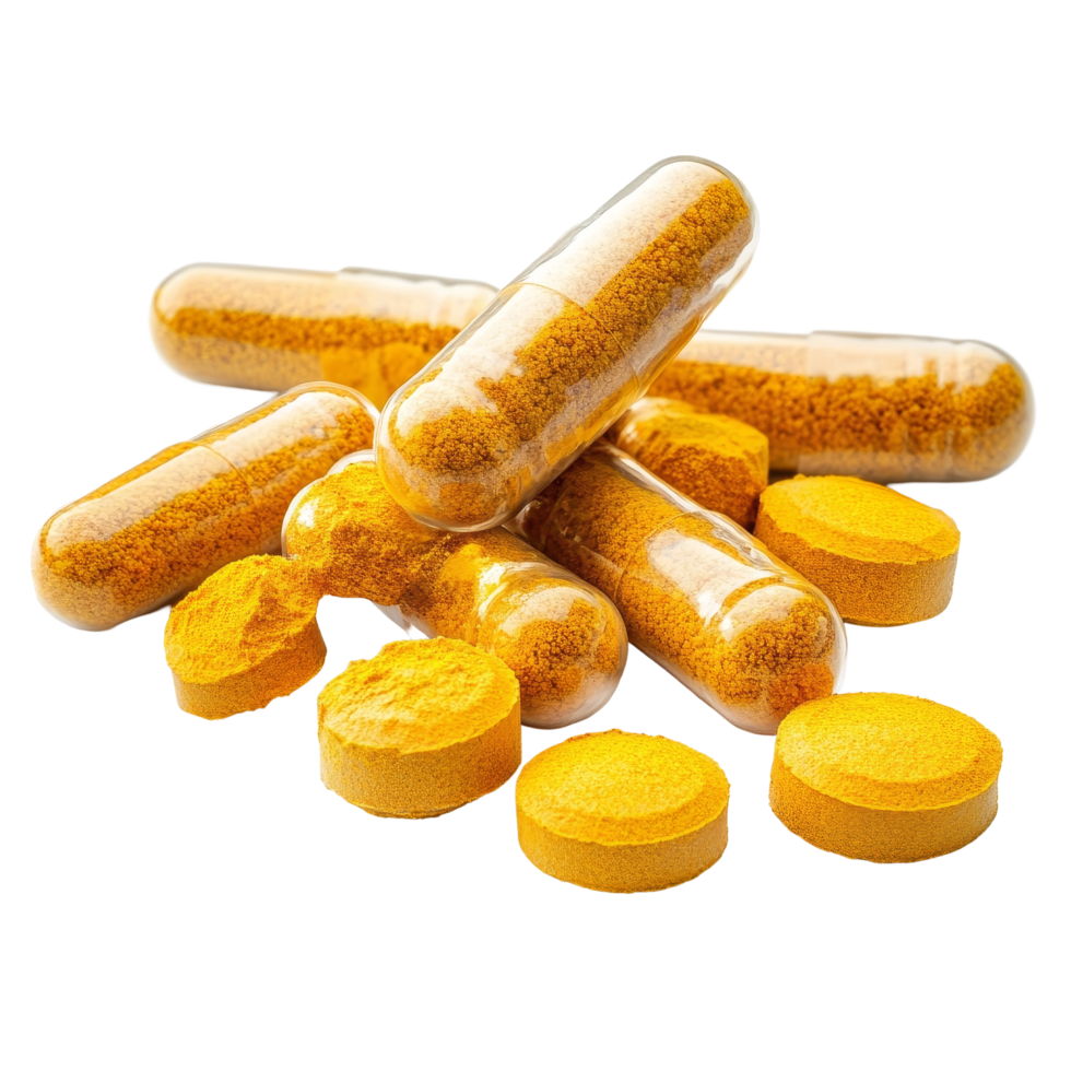 Turmeric capsules spilling on a transparent background showcasing supplement benefits for health enthusiasts, herb turmeric capsules spilling on transparent background png