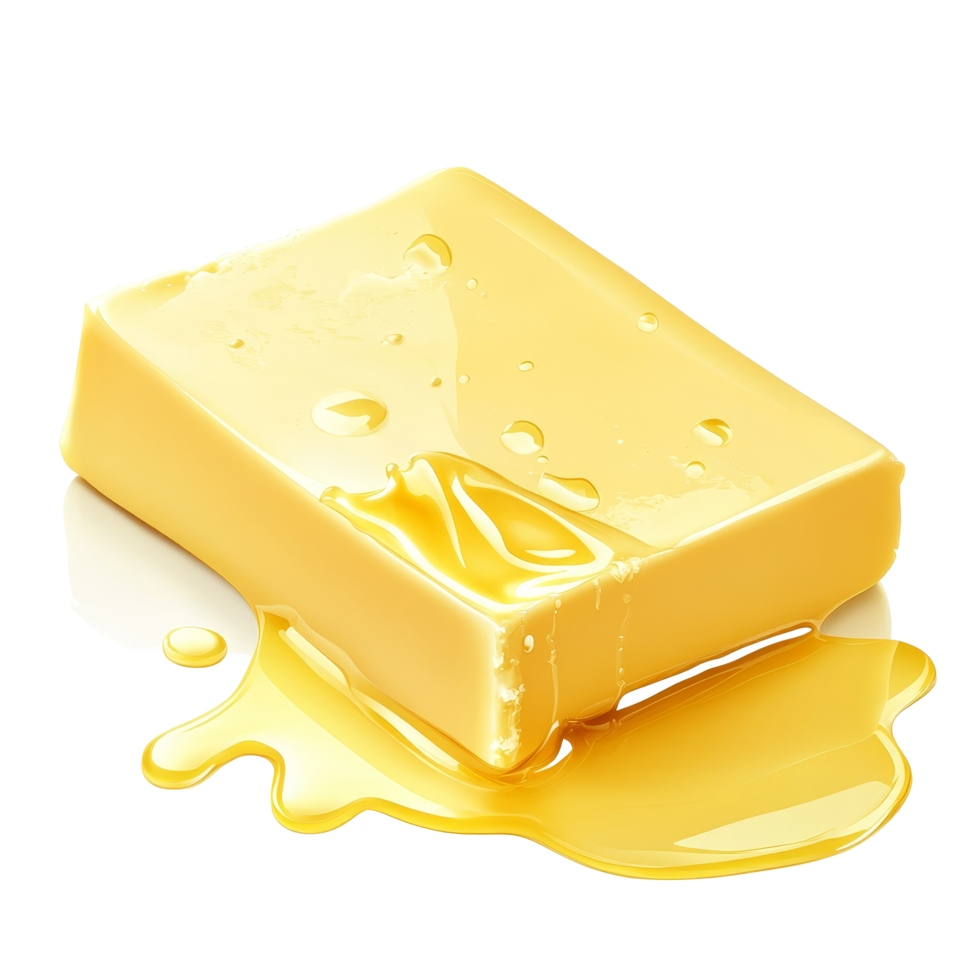 Melting butter drizzles on a smooth transparent surface with a reflective sheen in bright lighting, A piece of melting butter isolated png