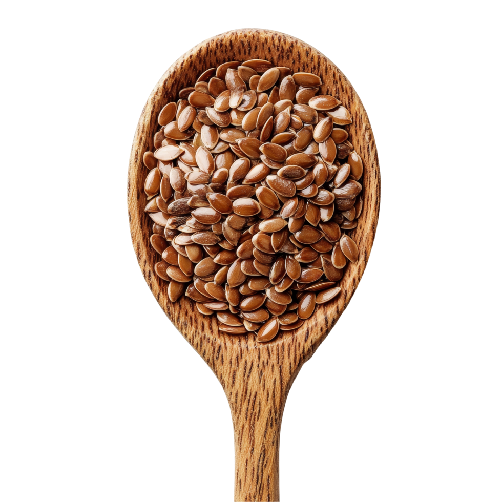 Flax seeds poured into a wooden spoon against a bright transparent background for healthy cooking and nutrition, flax seeds in wood spoon on transparent background png