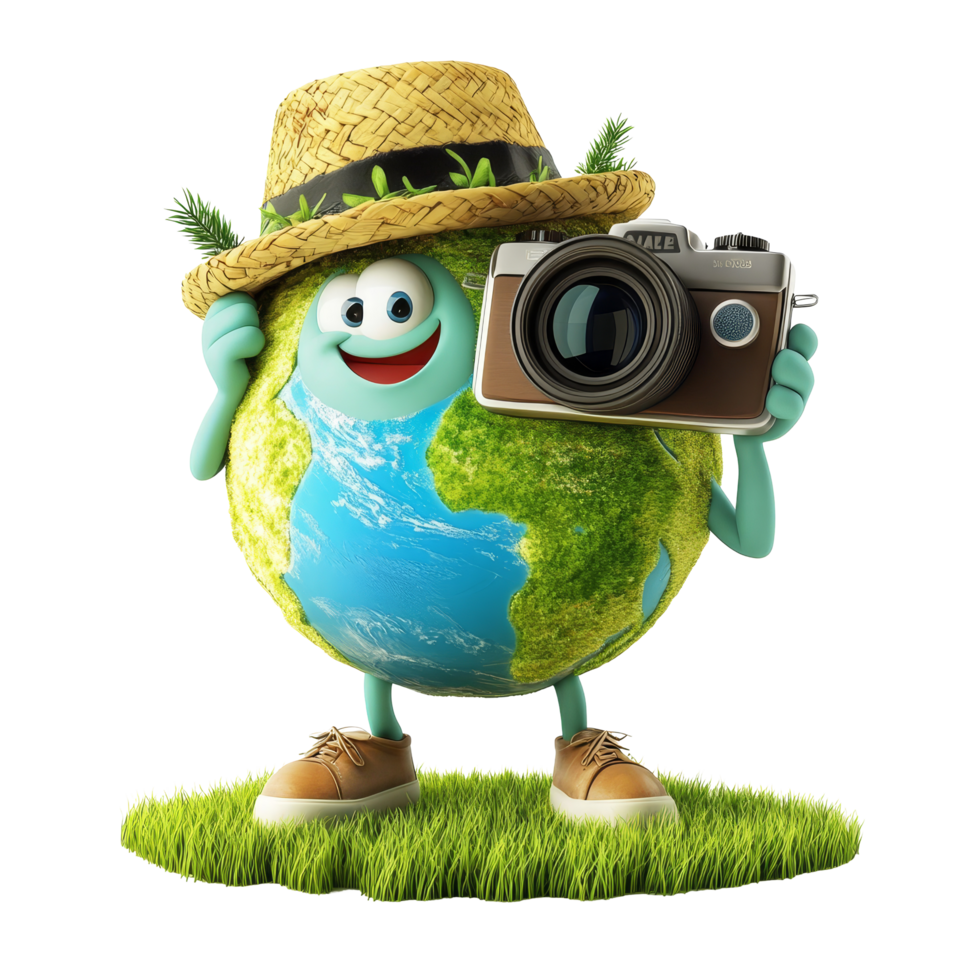 Globetrotting Earth character with a camera exploring diverse landscapes around the world during daytime adventures, Globetrotting Earth Character with Camera Travel Concept on transparent background png