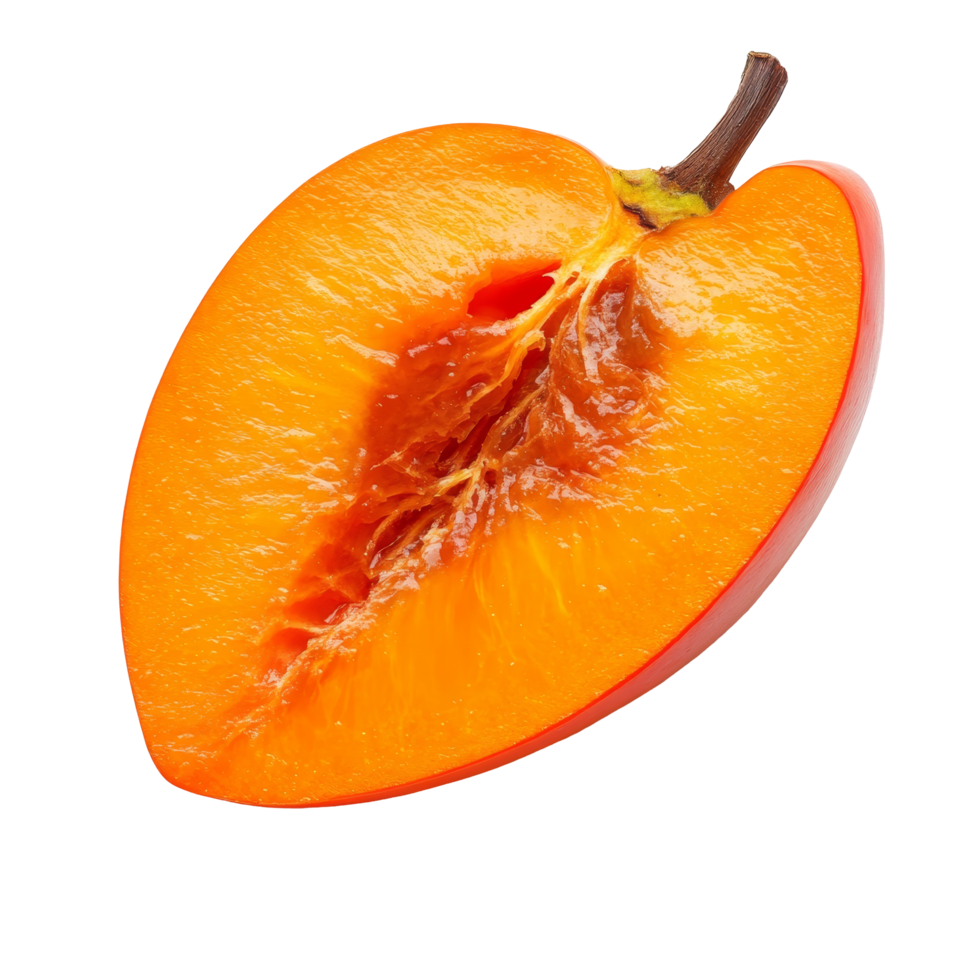 Fresh persimmon slice showcasing vibrant orange flesh isolated on a clean transparent background, persimmon slice isolated on transparent background png