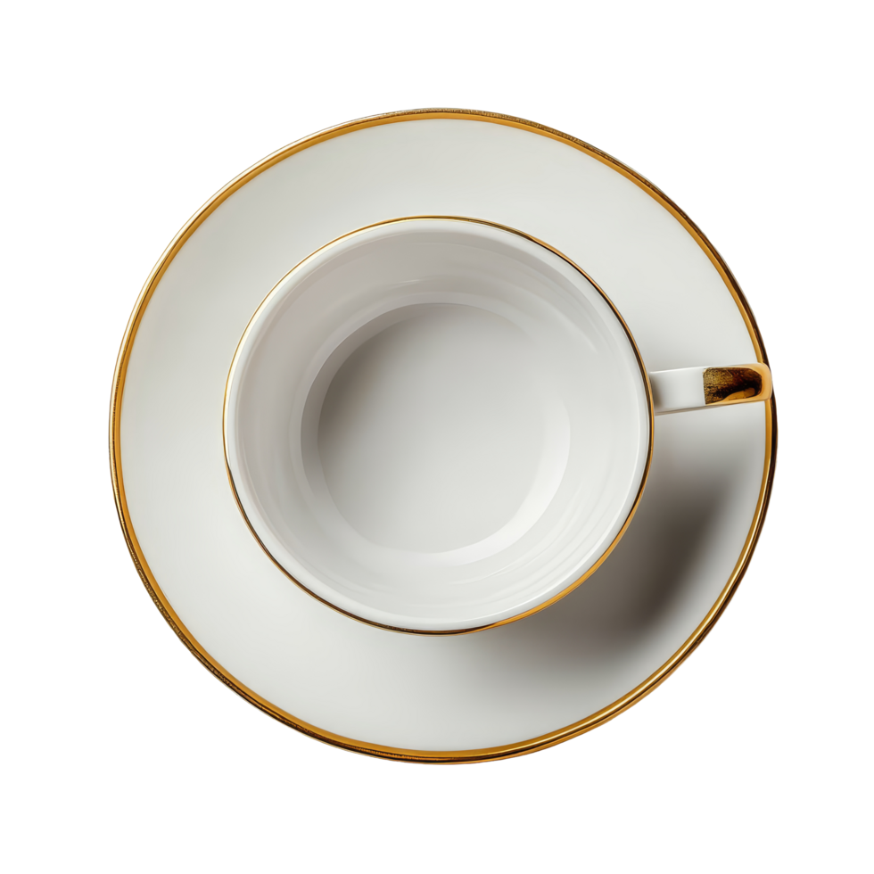 Top view of an empty porcelain cup with saucer isolated on a transparent background for elegant table setting ideas, Top view of empty porcelain cup with saucer isolated on transparent background png