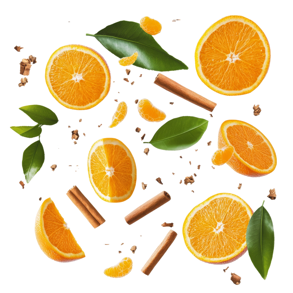 Vibrant oranges and cinnamon sticks falling among fresh green leaves in a bright composition, falling oranges and cinnamon with leaves isolated on transparent background png