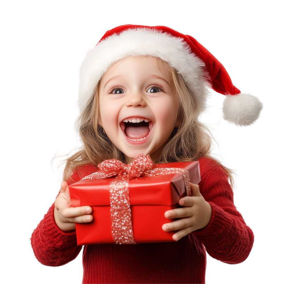 Excited little girl wearing a Christmas hat joyfully holding a red gift box against a transparent background, Ecstatic Little Girl with Christmas Gift on transparent background png