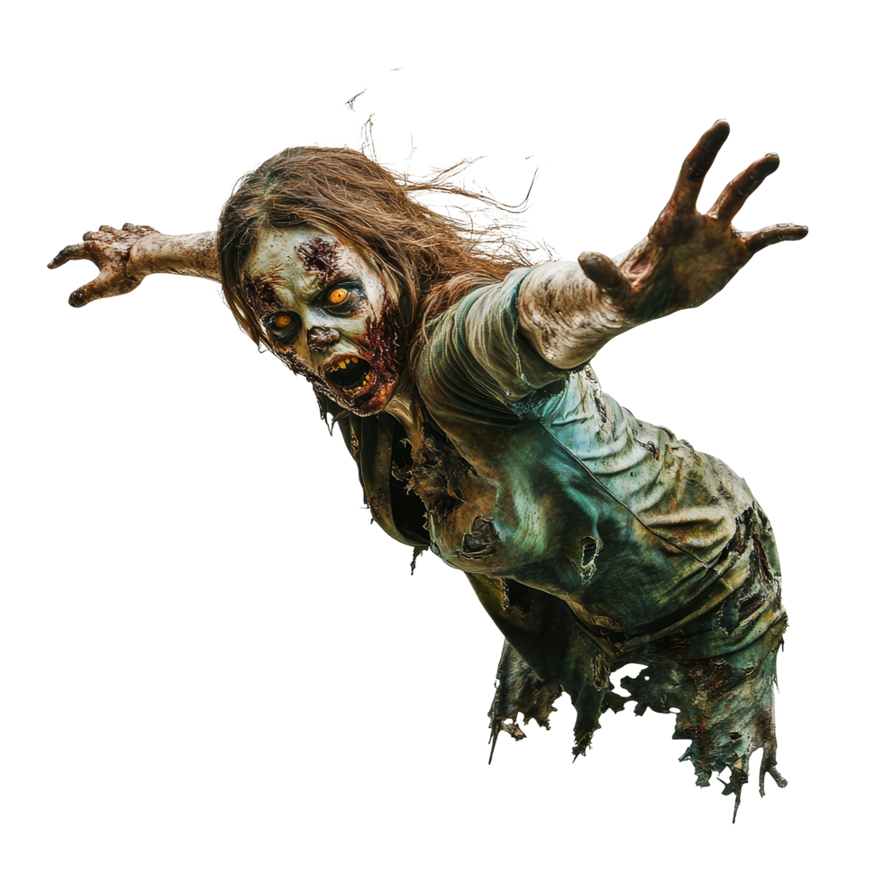 A horror female zombie reaching out with tattered clothes against a plain transparent background, Horror Female Zombie Reaching Out on transparent background png
