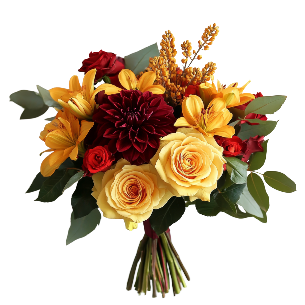 Vibrant bouquet of goldenrod yellow and rich red flowers against a soft transparent background, bouquet flower transparent background Goldenrod Yellow Roses, SunOrange Lilies, and Crimson Red Dahlias png