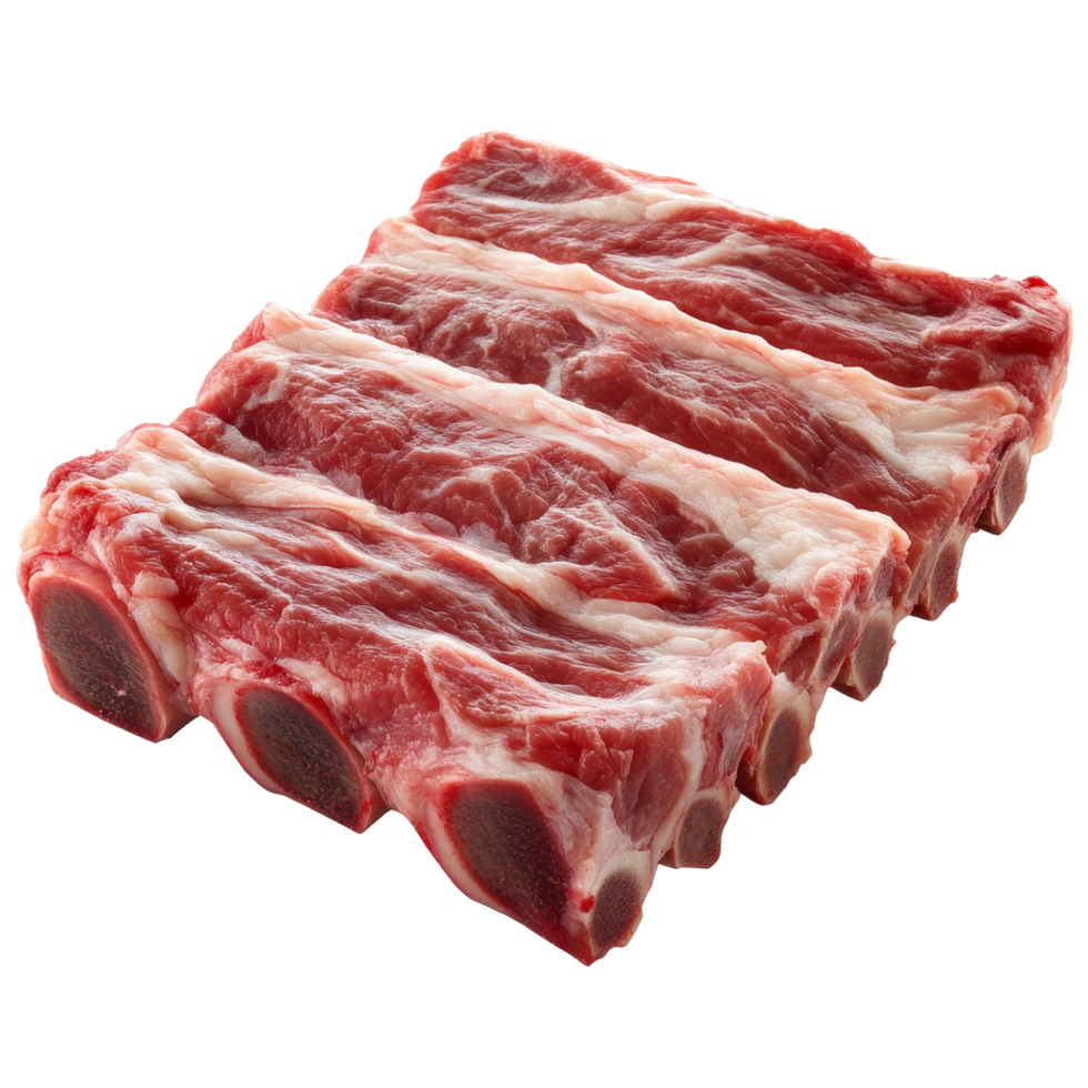 Fresh raw mutton ribs arranged neatly on a clean surface, showcasing the quality of meat for culinary use, Isolated fresh raw mutton ribs meat part png