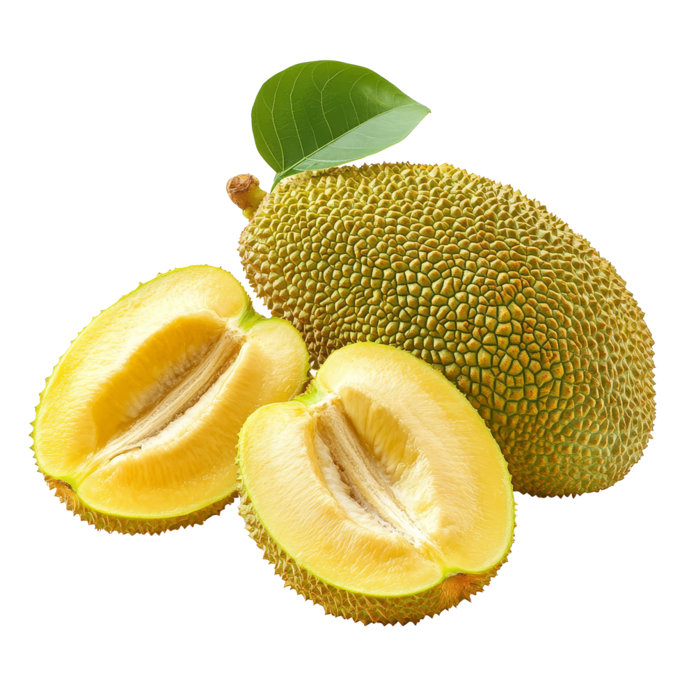 Young jack fruits cut in half with a fresh green leaf on a transparent background showcasing their vibrant yellow flesh, young jack fruits on transparent background png