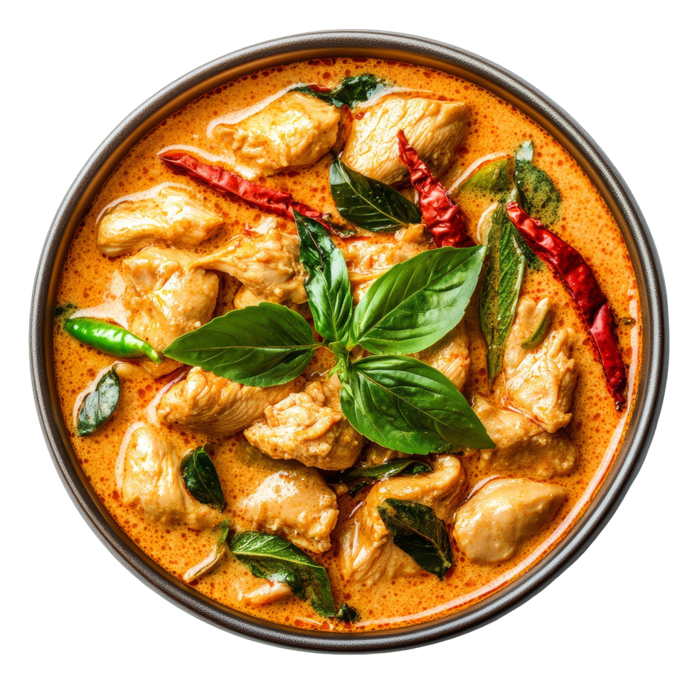 Spicy Thai chicken curry cooked in rich coconut milk served in a bowl with fresh herbs and chilies, thaifood spicy chicken curry in coconut milk on transparent background png