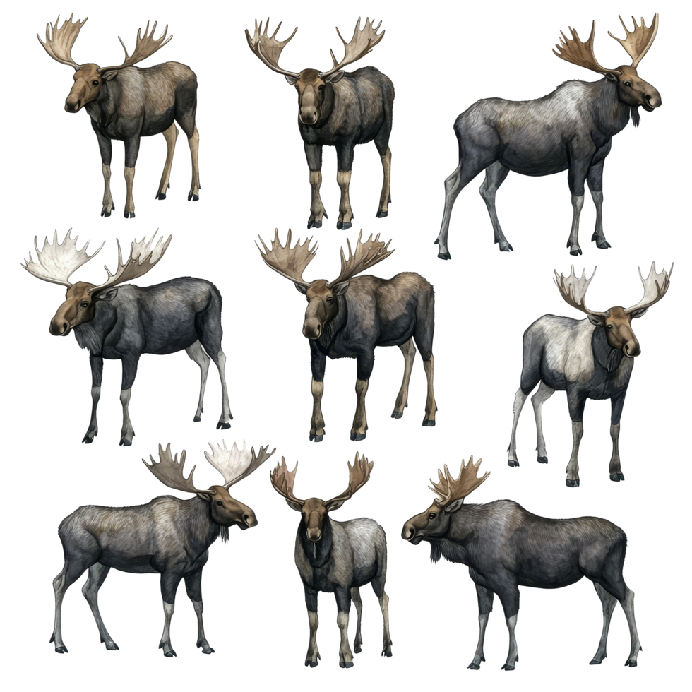 Majestic moose in various poses showcasing their beauty in a serene wilderness setting, Set Majestic Moose, Wild Animals in Various Poses, Isolated on transparent background png