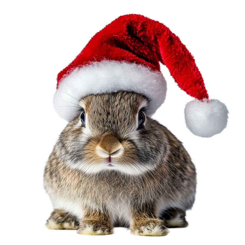 A cute rabbit wearing a festive Christmas hat poses against a transparent background during the holiday season, Rabbit wearing a christmas hat on transparent background png