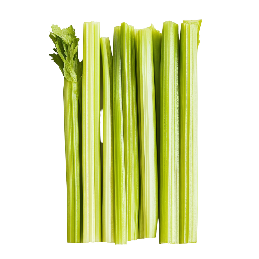 Fresh celery sticks arranged on a clean transparent background highlighting their vibrant color and crisp texture, Celery sticks. on transparent background png