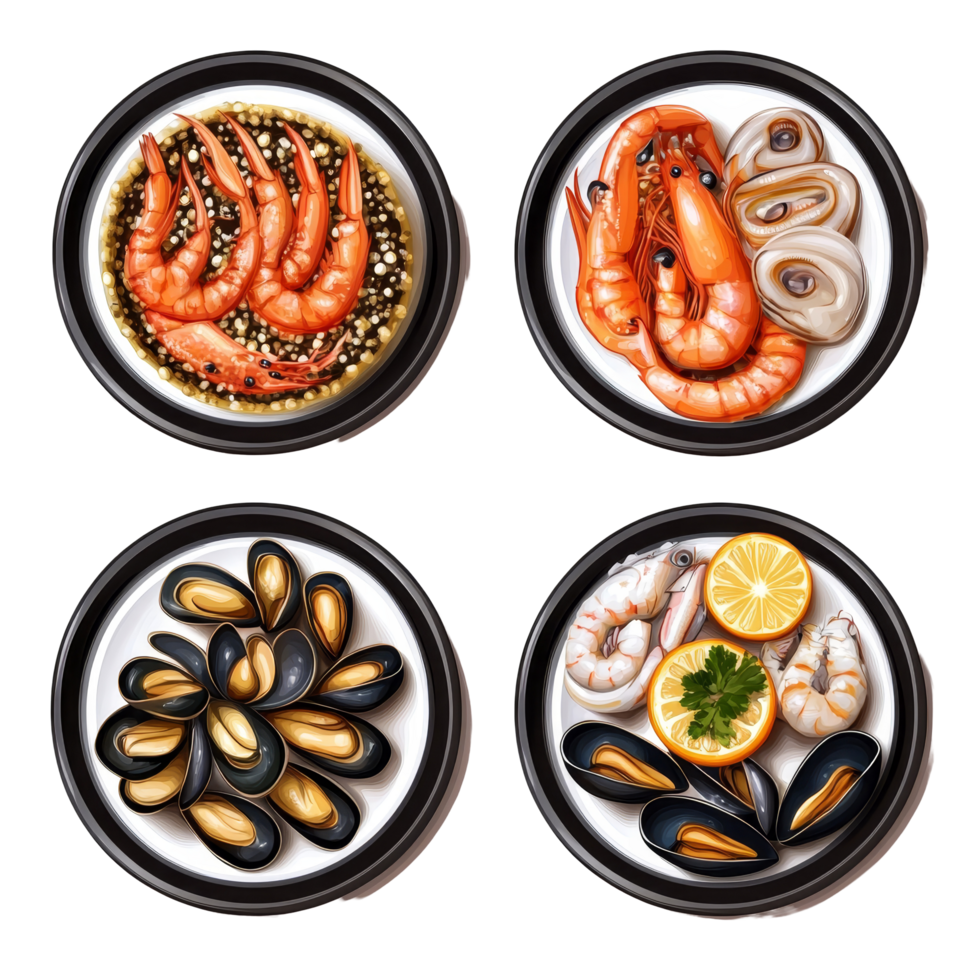 Delicious seafood dishes featuring shrimp, squid, and mussels served with fresh garnishes and sauces, plates with seafood cuisine dish, shrimps, squid, mussels, isolated on transparent background png