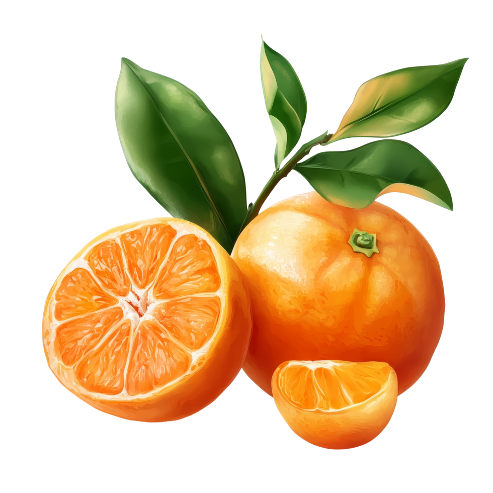 Fresh mandarin fruit on a transparent background showcasing whole and sliced segments with green leaves, Mandarin fruit transparent isolated on trransparent png