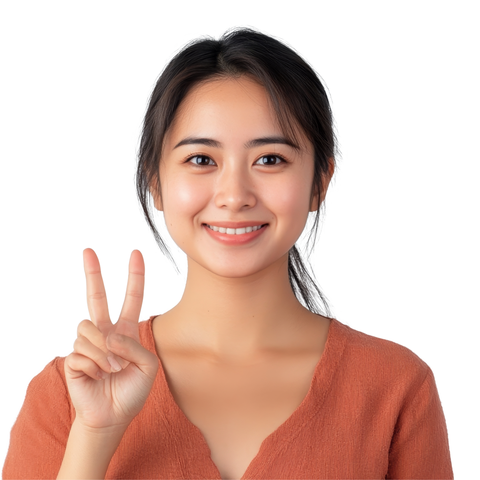 Happy Asian woman makes a peace sign with her hand in a bright and cheerful indoor setting, Portrait happy Asian woman shows ok hand sign and looking at the camera transparent background png