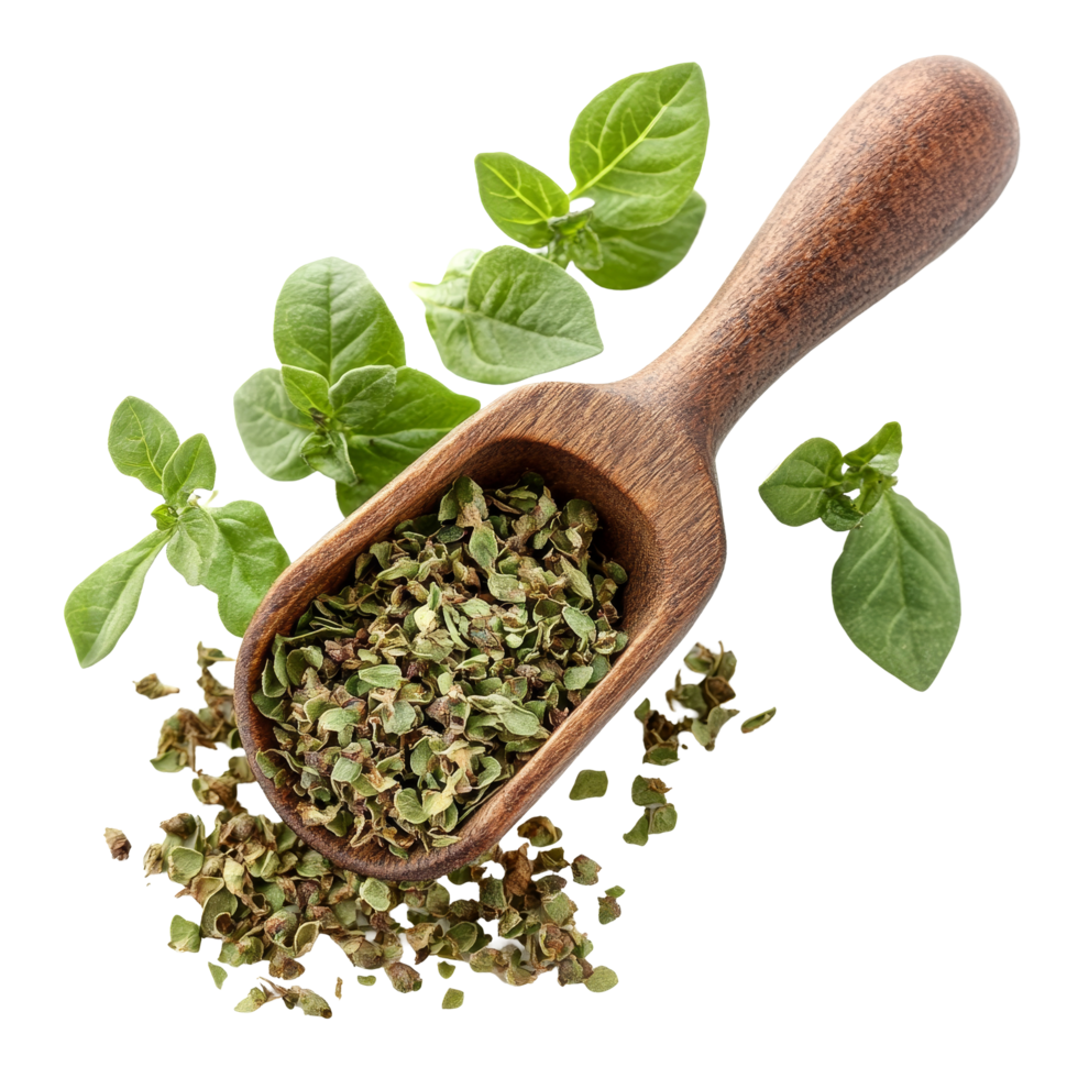 Dried oregano in a wooden scoop with fresh leaves on a transparent background, highlighting natural culinary herbs, Oregano in scoop on transparent background png