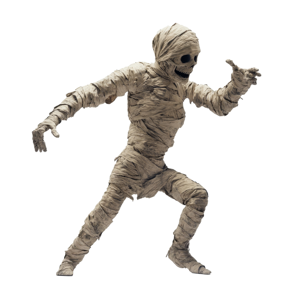 Energetic scary mummy dances alone, capturing Halloween spirit and spooky vibes for festive dacor, scary mummy dancing, file of isolated object with shadow on transparent background png
