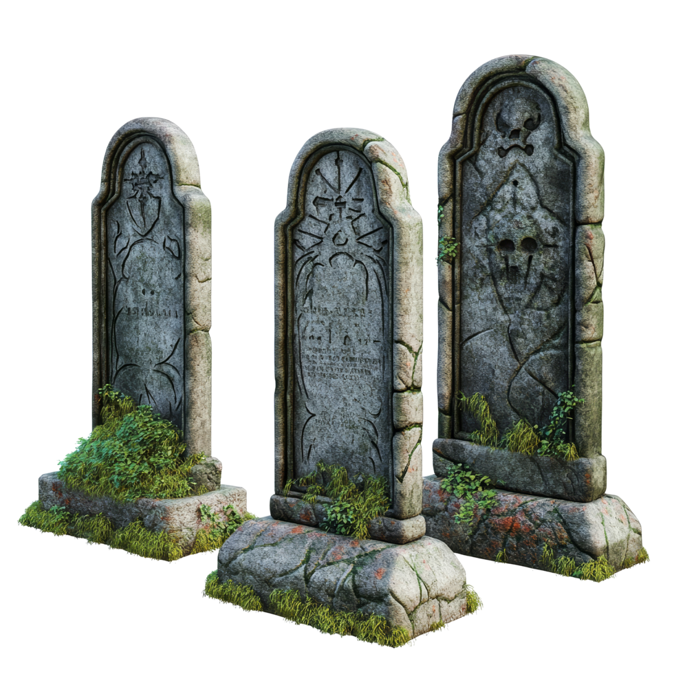 Isolated tombstones on a transparent background showcasing detailed engravings and mossy features, tombstones, file of isolated object on transparent background png