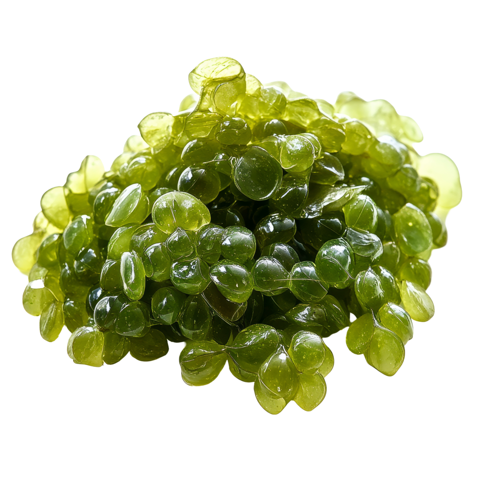 Sea grapes Fresh green caviar seaweed piled on a clean transparent background, Sea grapes green caviar seaweed on transparent background png