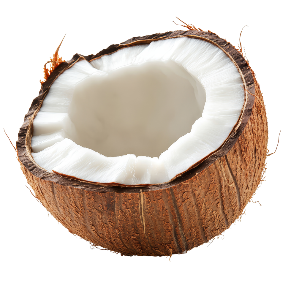 Young coconut isolated on a transparent background, showcasing its fresh interior and fibrous shell texture, Young sweet coconut isolated on transparent background png