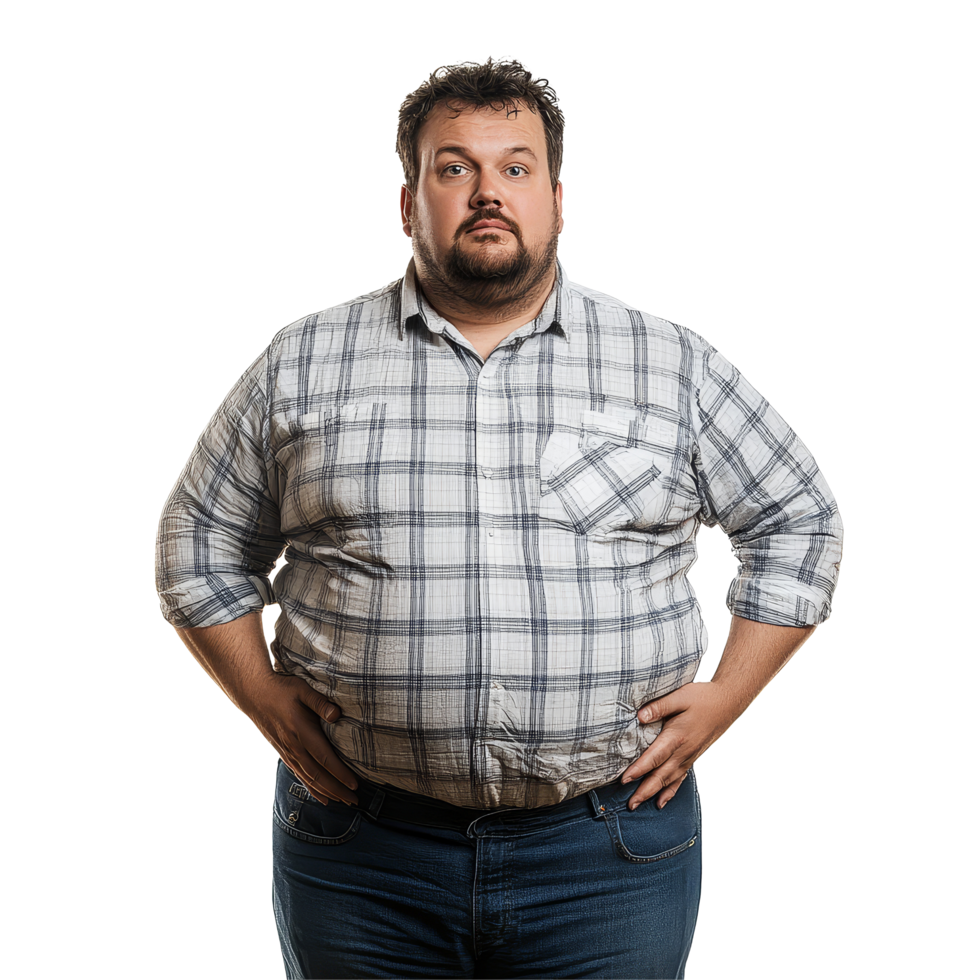 Portrait of an overweight man standing confidently with hands on hips against a plain transparent background, Overweight Man Portrait Isolated on transparent background png