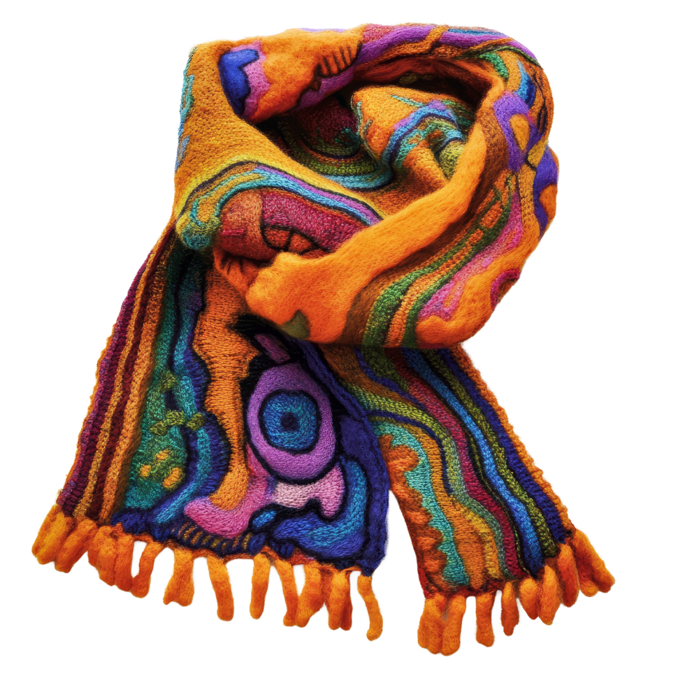 Colorful wool scarf with vibrant patterns displayed on a transparent background for fashion enthusiasts, wool scarf png