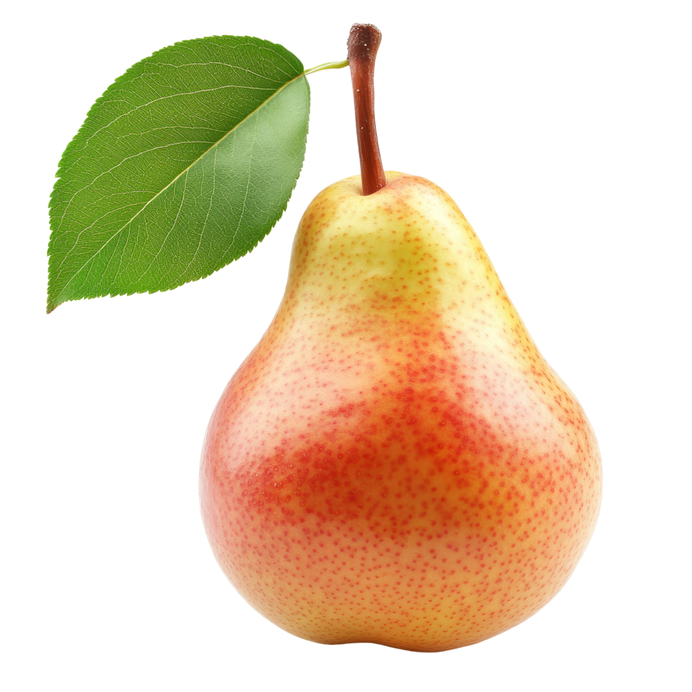 Fresh pear fruit with a green leaf displayed against a clean transparent background for culinary and health uses, Pear fruit isolated on transparent background png