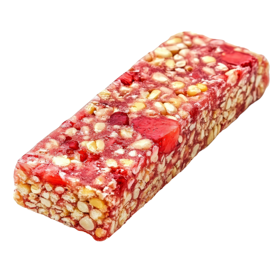 Sunkissed strawberry energy corn bar isolated on a clean transparent background for healthy snacking options, strawberry energy corn bar isolated on transparent background png