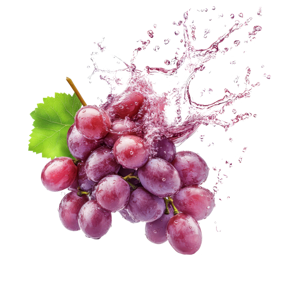 Fresh organic grapes with juice splashing on a transparent background for a vibrant and refreshing look, Fresh organic grape with juice splash on transparent background. grape splash transparent png