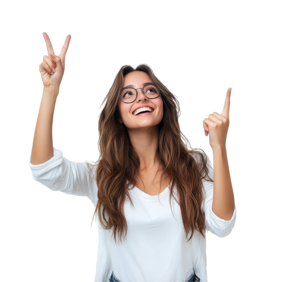 A cheerful young woman with glasses joyfully pointing upwards against a transparent background in a casual setting, Cheerful Young Woman Pointing Upwards on transparent background png