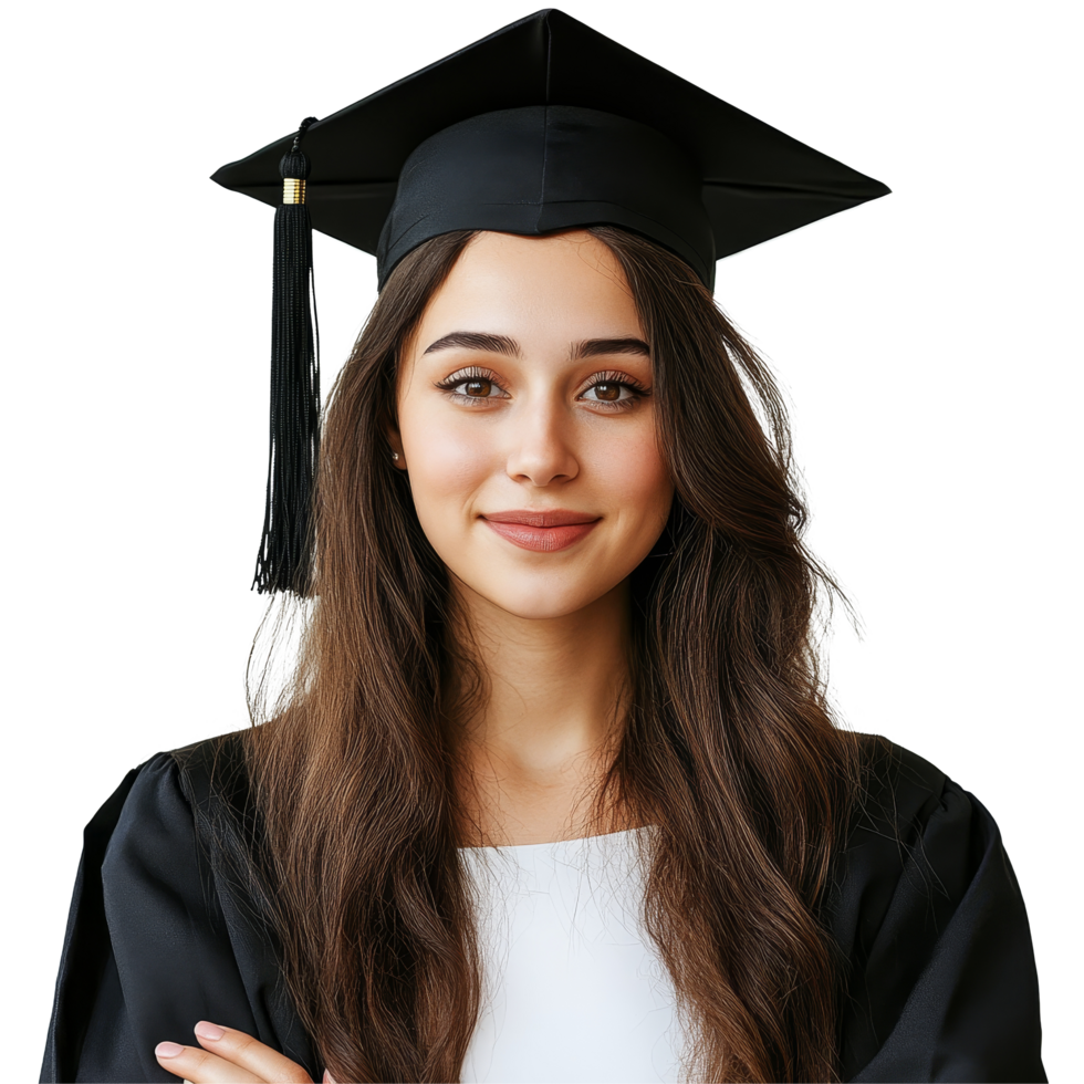 Confident female graduate in cap and gown posing against a transparent background, showcasing achievement and pride in her educational journey, Confident Female Graduate on transparent background png