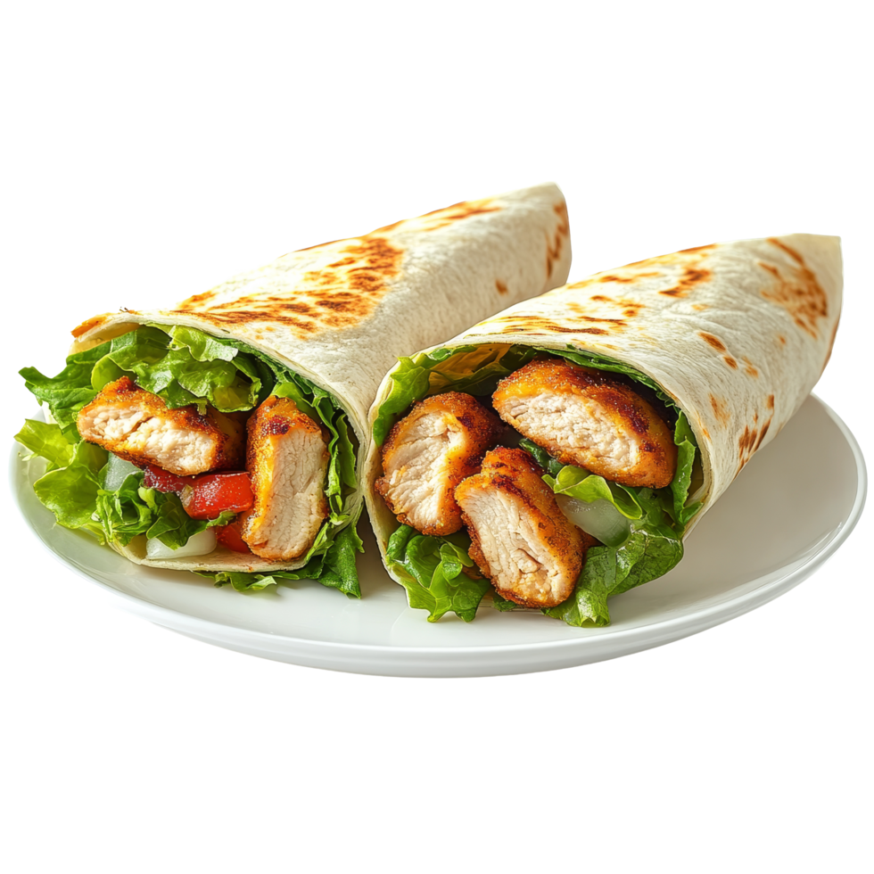 Delicious crispy chicken wrap featuring fresh vegetables served on a transparent plate against a transparent background, Crispy Chicken Wrap on Plate transparent background png
