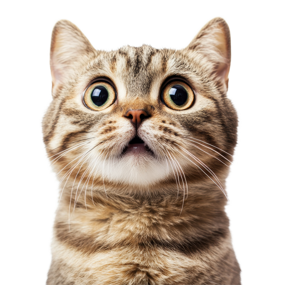 Surprised cat with wide eyes looking curiously at the camera against a clean transparent background, surprised cat isolated transparent background png
