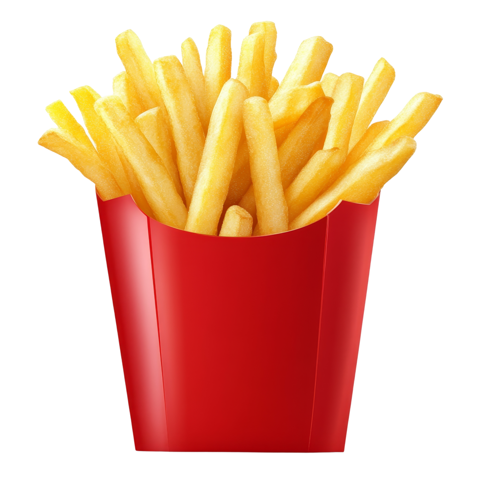 Delicious golden french fries served in a classic red container, perfect for snacking any time of day, Stacked french fries isolated png