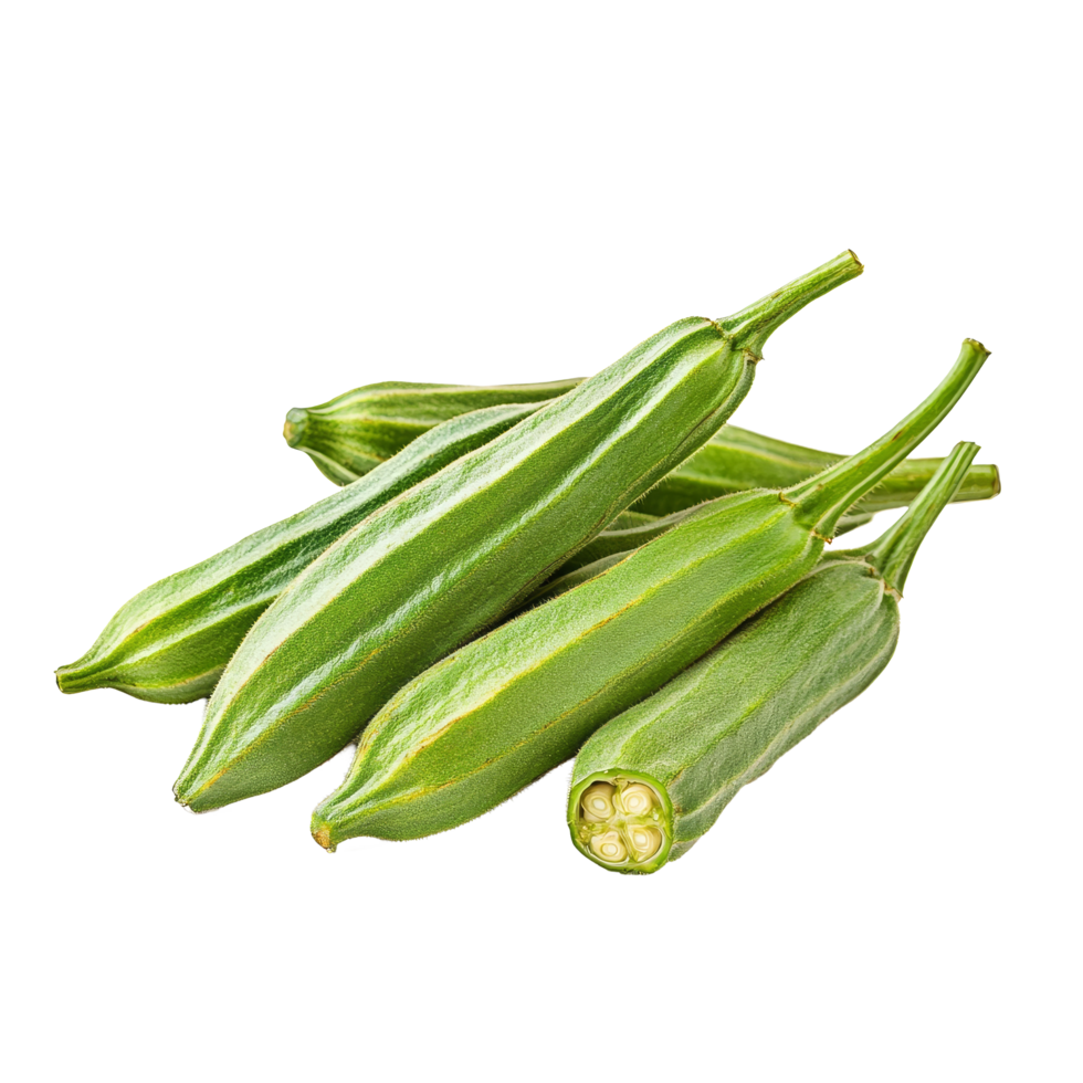 Fresh okra pods arranged neatly on a transparent background for culinary and nutritional presentation, okra isolated on transparent background png