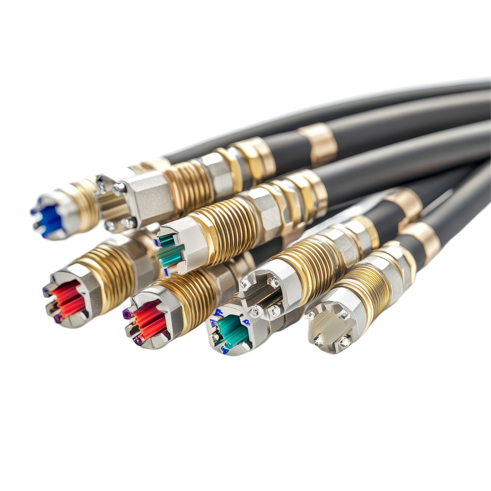 Closeup of various fiber optic connectors on a transparent background highlighting their intricate design and features, Fiber optic connectors on transparent background png